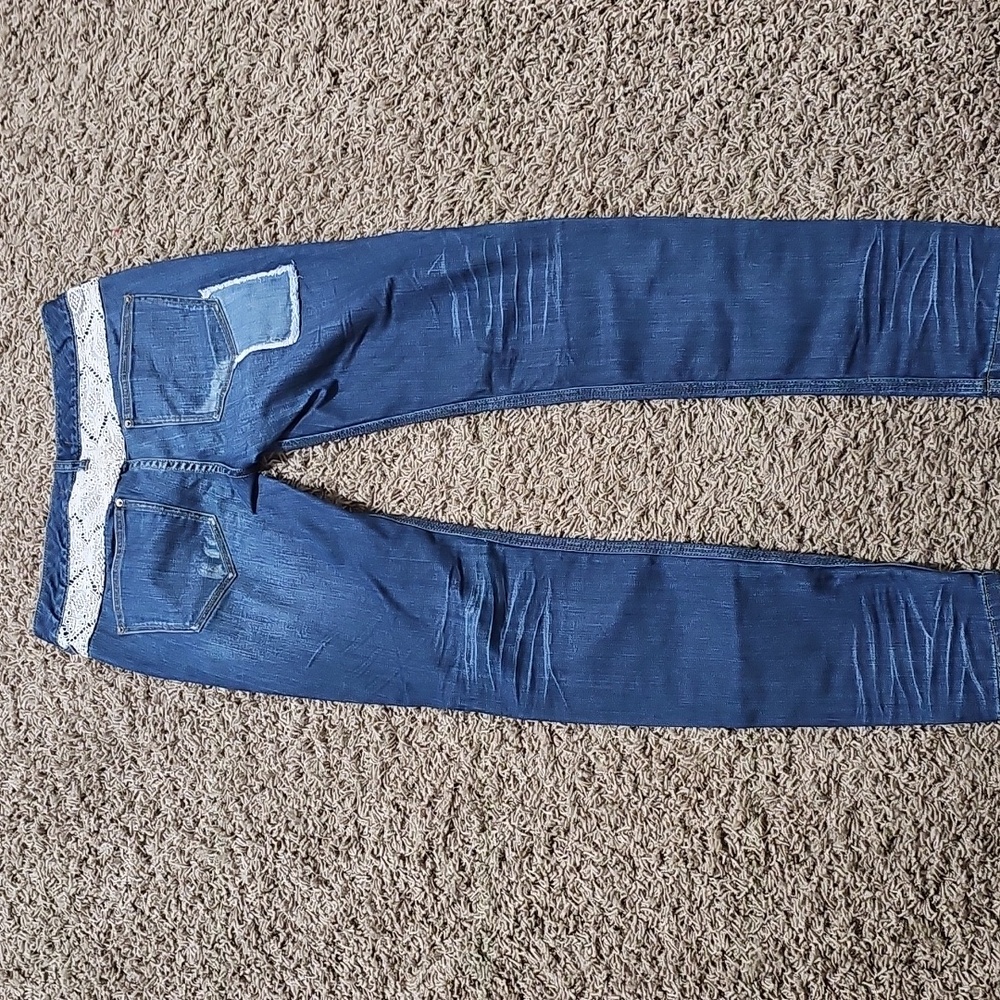 Free People Haynes Jeans Crochet Lace Patchwork Skinny Denim 27 Pants - Picture 9 of 13